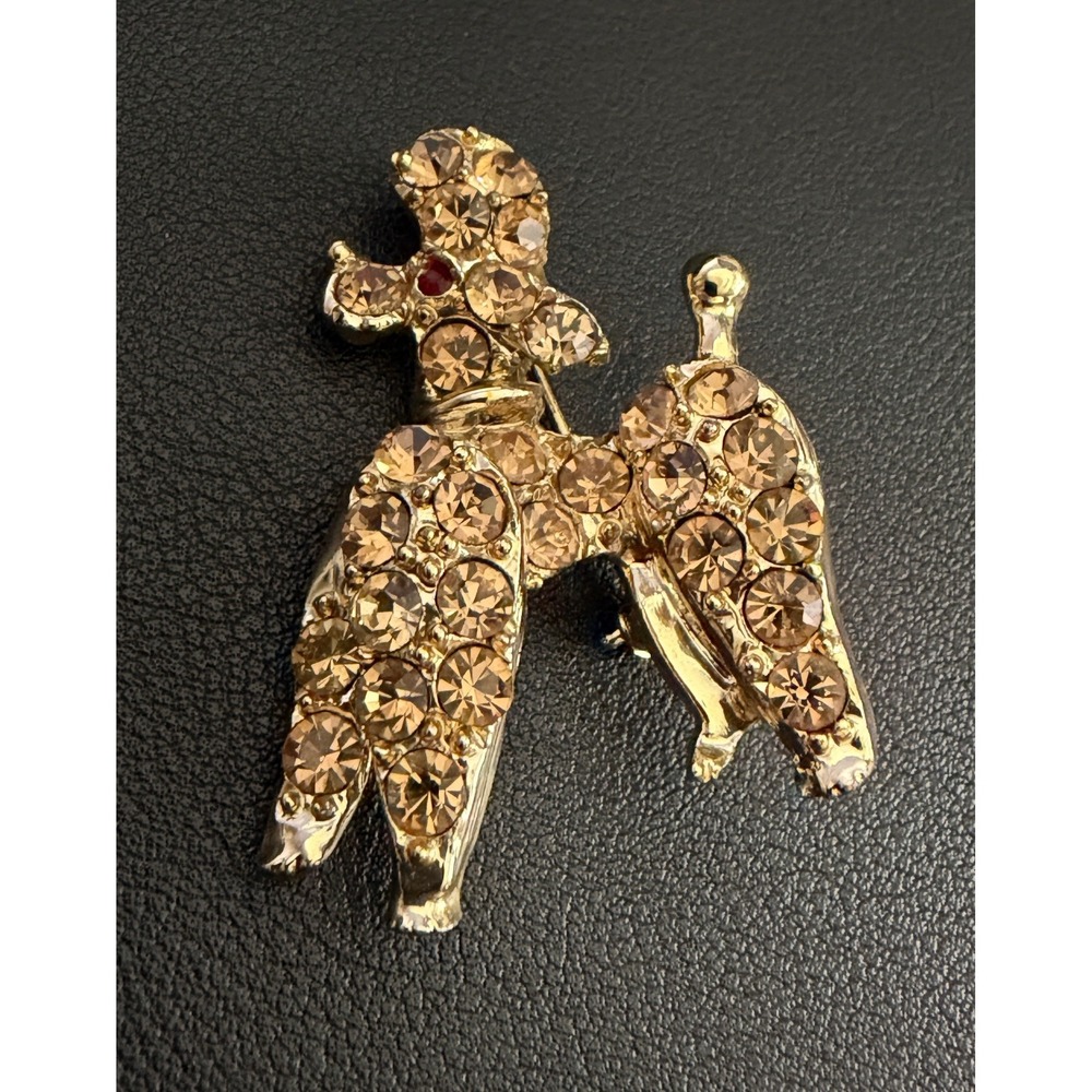 Vintage Rhinestone Poodle Brooch Gold Tone Dog Pin
